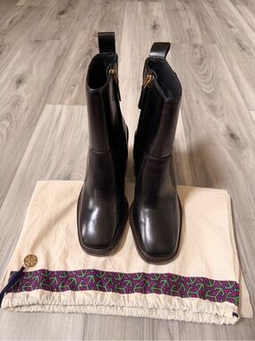 Tory Burch Sierra Black Leather Block Heel Ankle Boots Booties Size 6